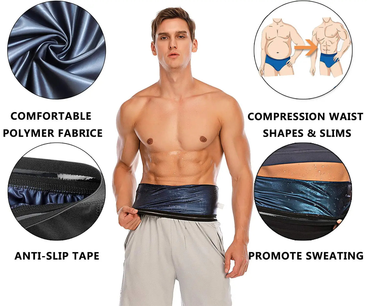 Men's sauna vest for weight loss featuring comfortable polymer fabric, compression waist and anti-slip tape to promote sweating.