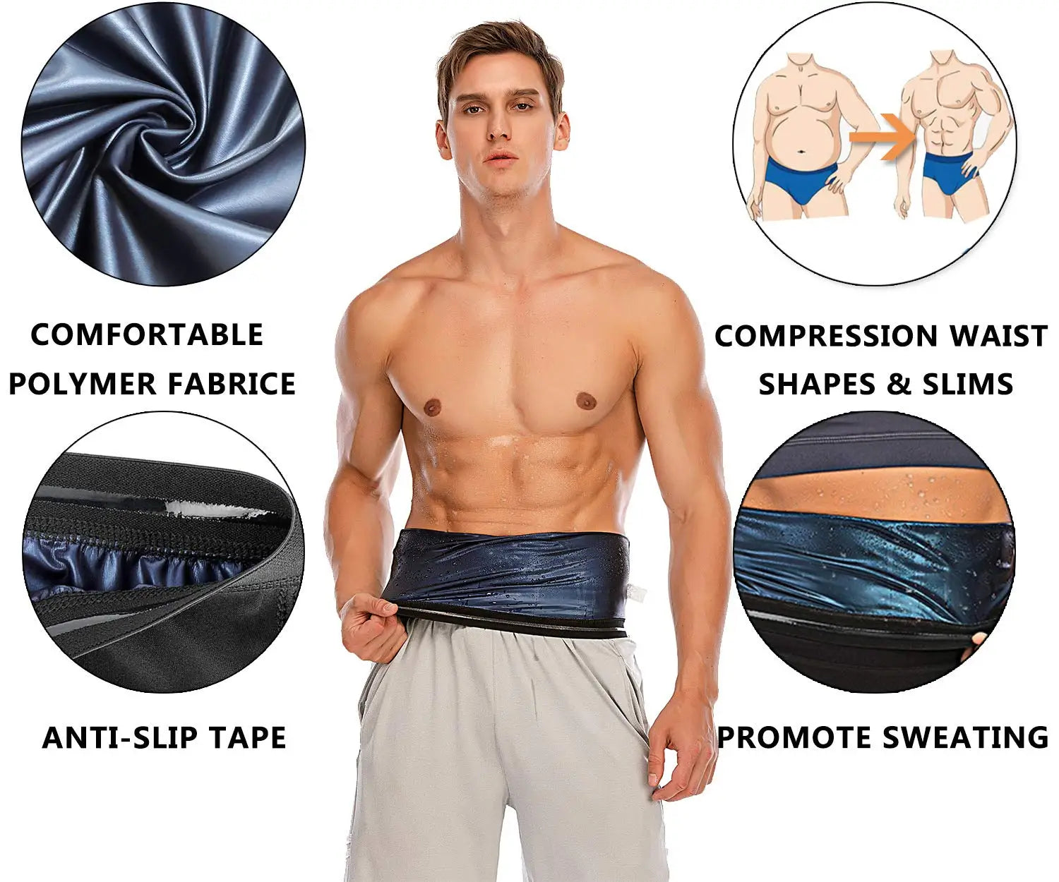 Men's sauna vest for weight loss featuring comfortable polymer fabric, compression waist and anti-slip tape to promote sweating.