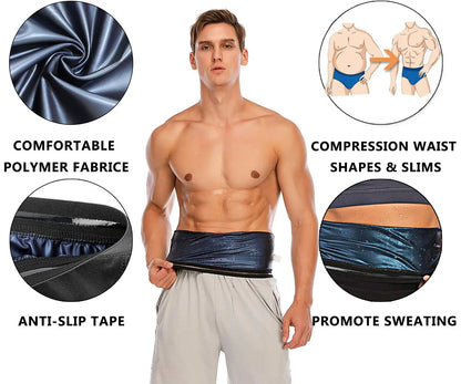 Men's sauna vest for weight loss featuring comfortable polymer fabric, compression waist and anti-slip tape to promote sweating.