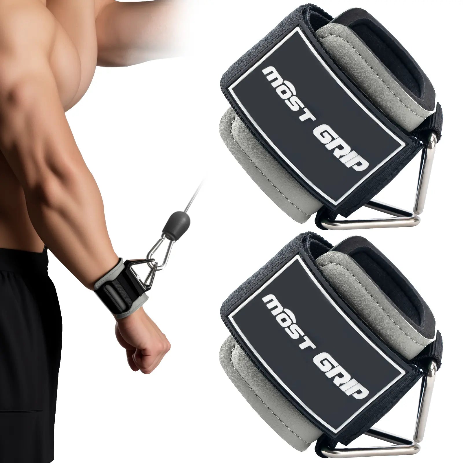 Fitness Essentials MOST GRIP wrist cuffs with D-ring, neoprene padding, and wrist straps for weightlifting and cable machine exercises.