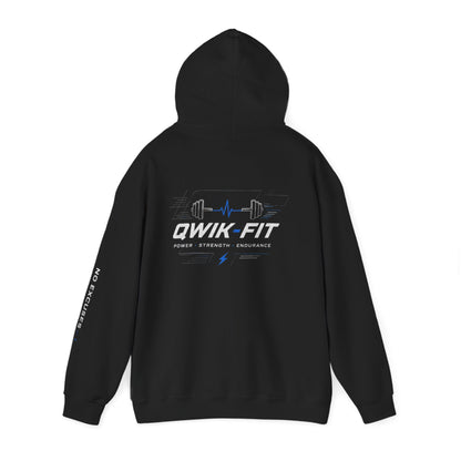 Printify fitness hoodie with barbell logo, black gym pullover designed for active wear and workout comfort.