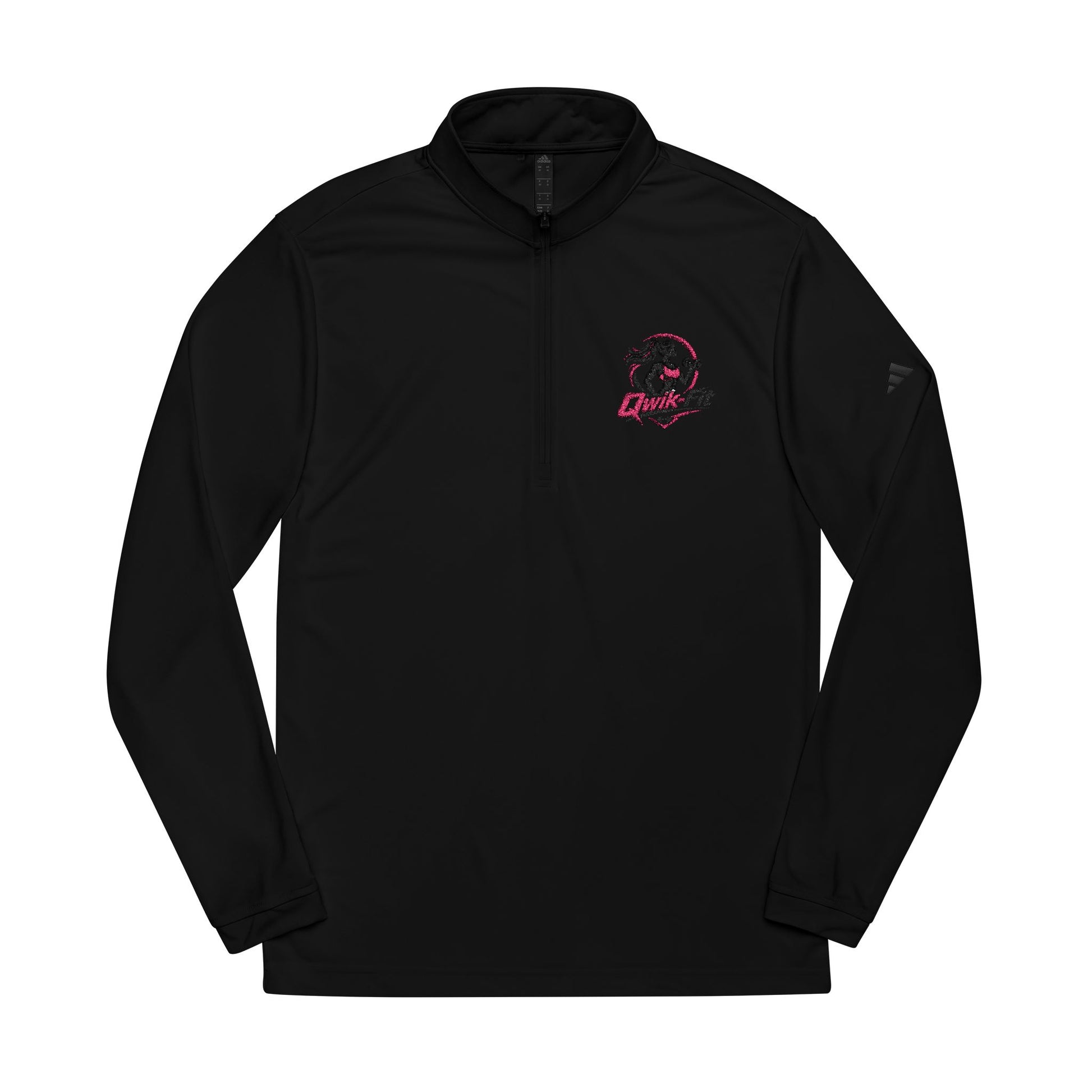 Embroidered soccer crest quarter-zip sweatshirt by Printify, navy blue sweatshirt with team logo embroidery on chest.