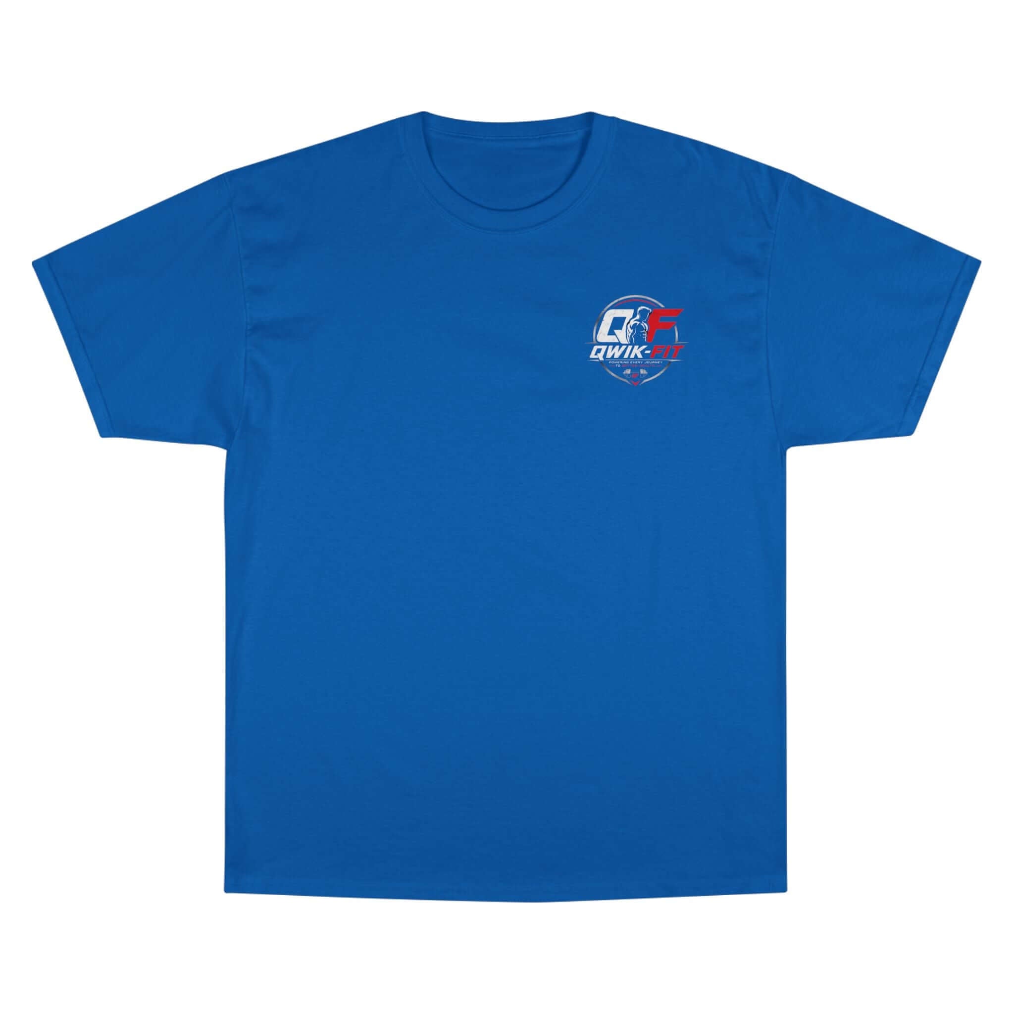 Champion fitness t-shirt in royal blue showcasing the Qwik-Fit logo, perfect for workouts and casual wear.