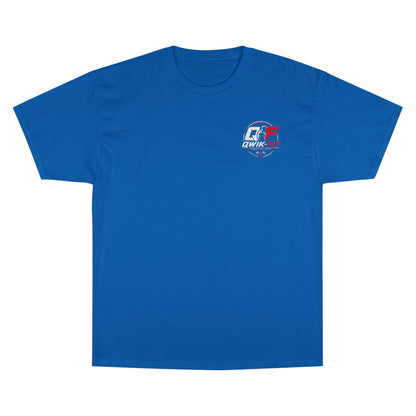 Custom Champion t-shirt in royal blue with iconic logo on the left sleeve and a classic fit style.