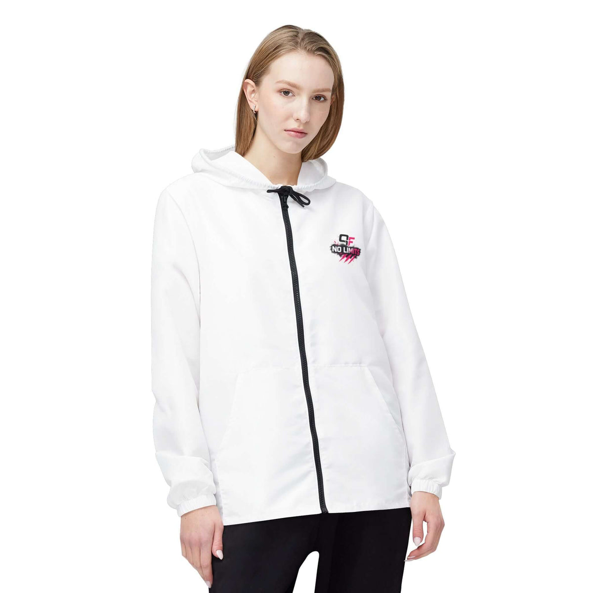 Windbreaker jacket for workouts, featuring a stylish white design and practical hood, perfect for gym and home use.