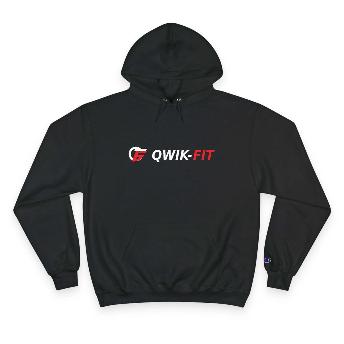 Black hoodie featuring the Qwik-Fit Logo, perfect for athletic wear and casual style, qwik-fit logo athletic hoodie.