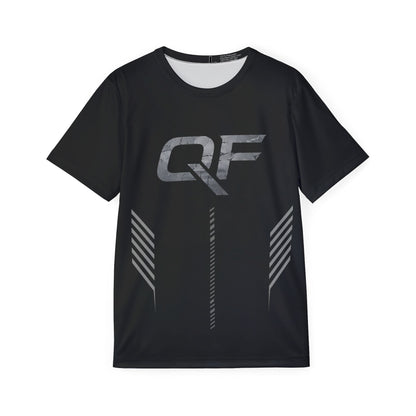 QF Performance Men's Sports Jersey — Black Athletic Tee with Striped Vent Design