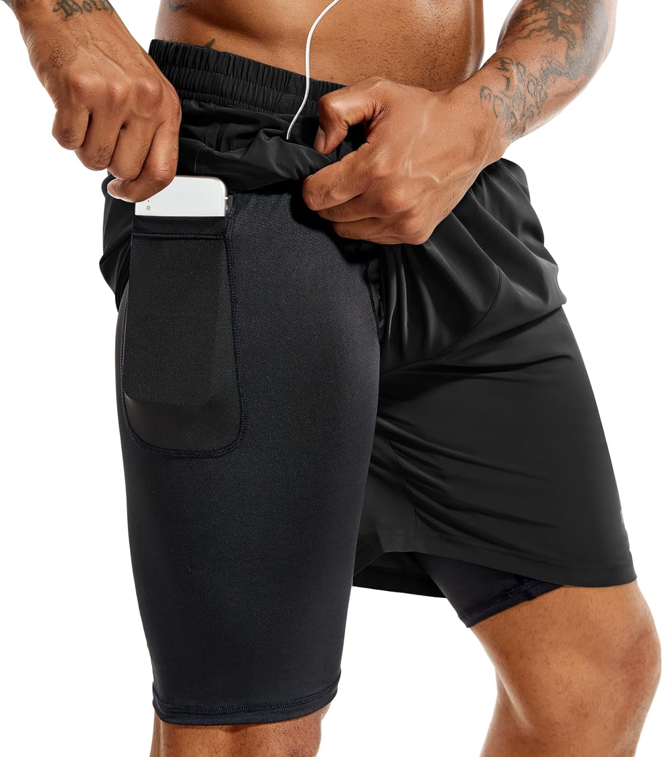 Men's 2-in-1 running shorts by TENJOY with quick dry fabric, phone pockets, available in 5 or 7 inches for gym and athletic workouts.