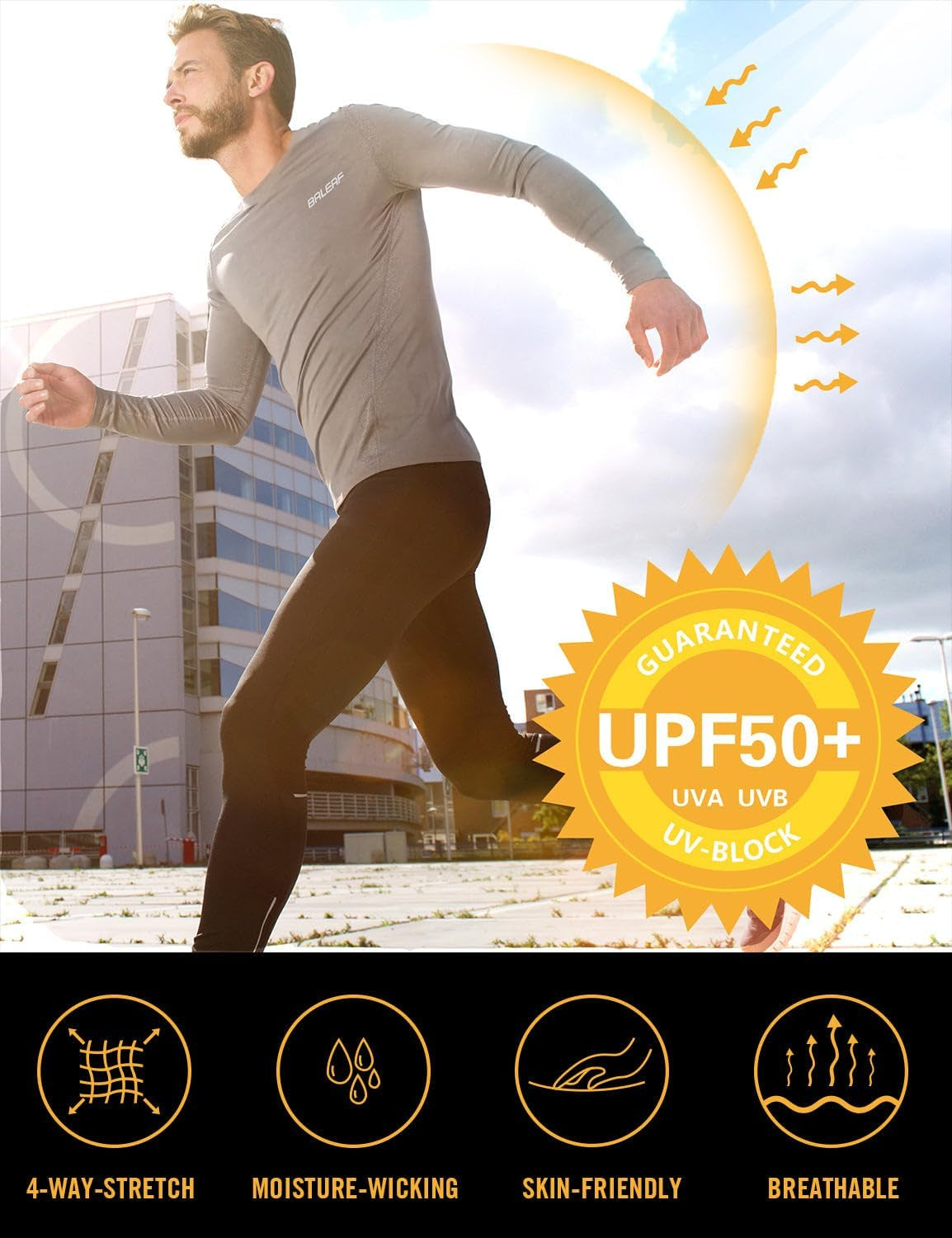 Baleaf men's UPF 50+ sun protection long sleeve rash guard shirt, quick dry and 4-way stretch, suitable for fishing, swimming, surfing.