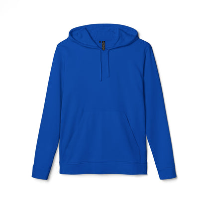 White Adidas hoodie with Qwik-Fit logo, athletic pullover featuring a cozy fit, displayed on a plain background.