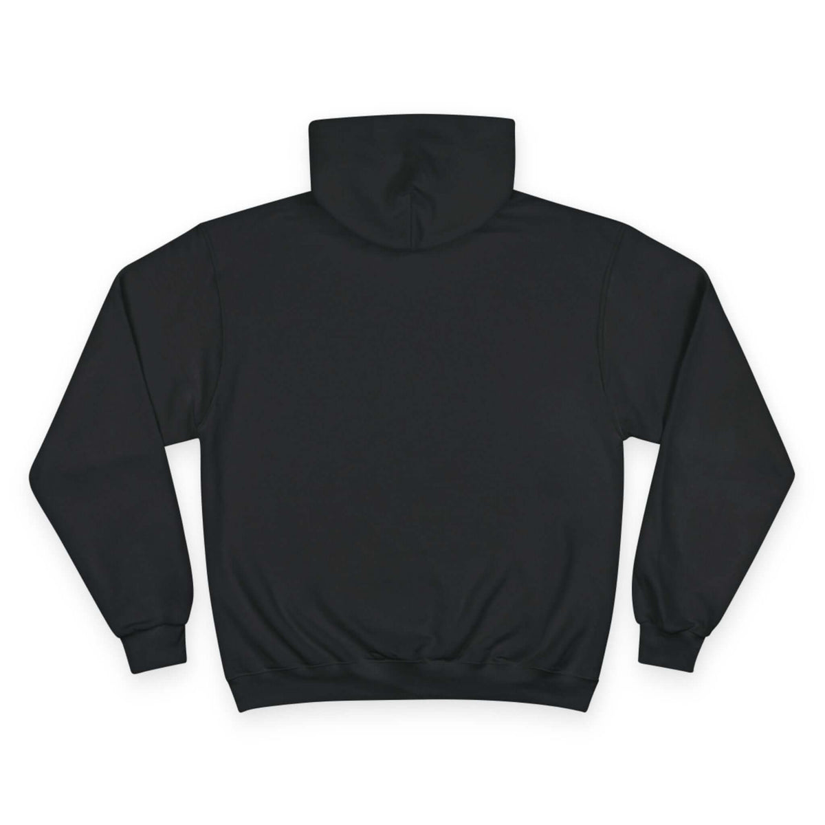 Back view of athletic black champion hoodie, showcasing the minimalist design and comfortable fit.