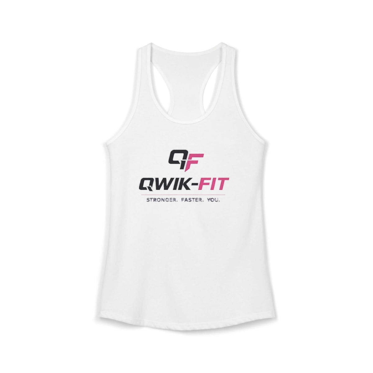 White womens racerback gym tank featuring Qwik-Fit logo, perfect for workouts and activewear.