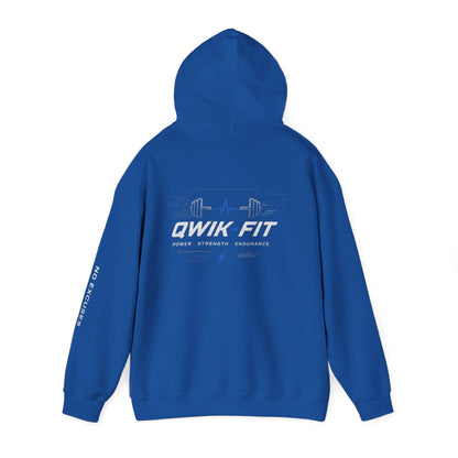 Black fitness hoodie by Printify featuring a barbell logo, designed for gym workouts and casual athletic wear.