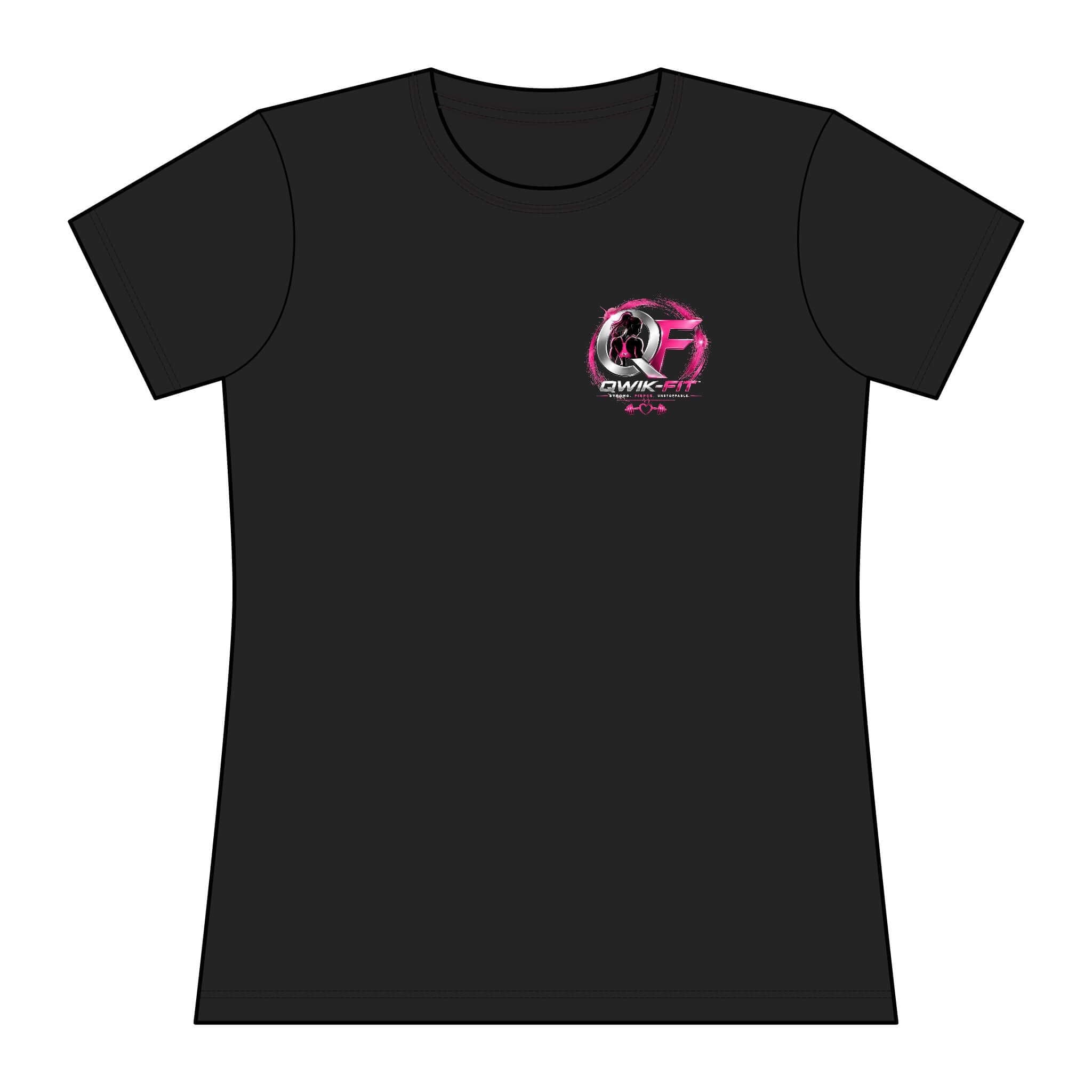 Women's black short-sleeve Qwik-Fit shirt featuring a stylish pink logo graphic, perfect for active wear.