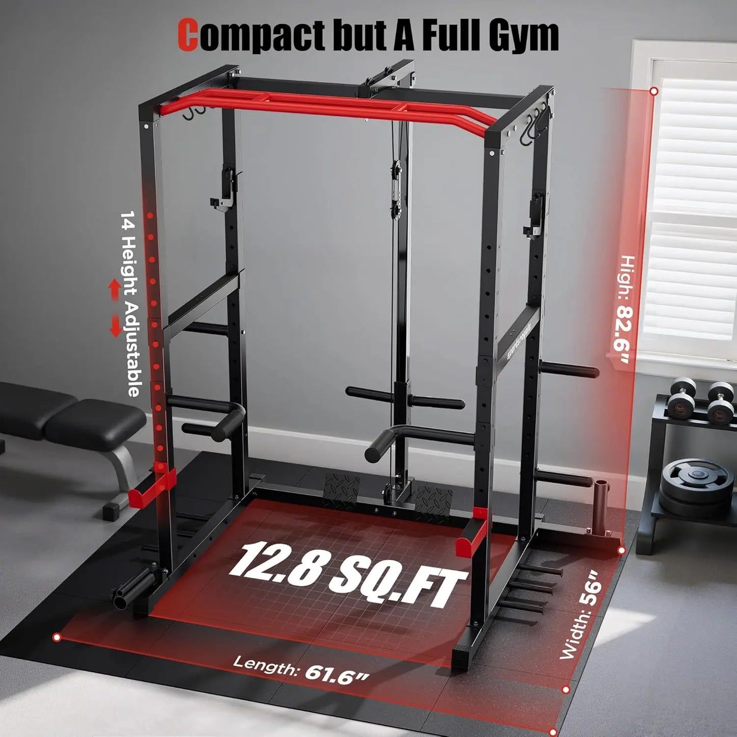 Fitness Essentials Power Rack with pulley system and J hooks, ideal for home gym squat and lat pull-down exercises.