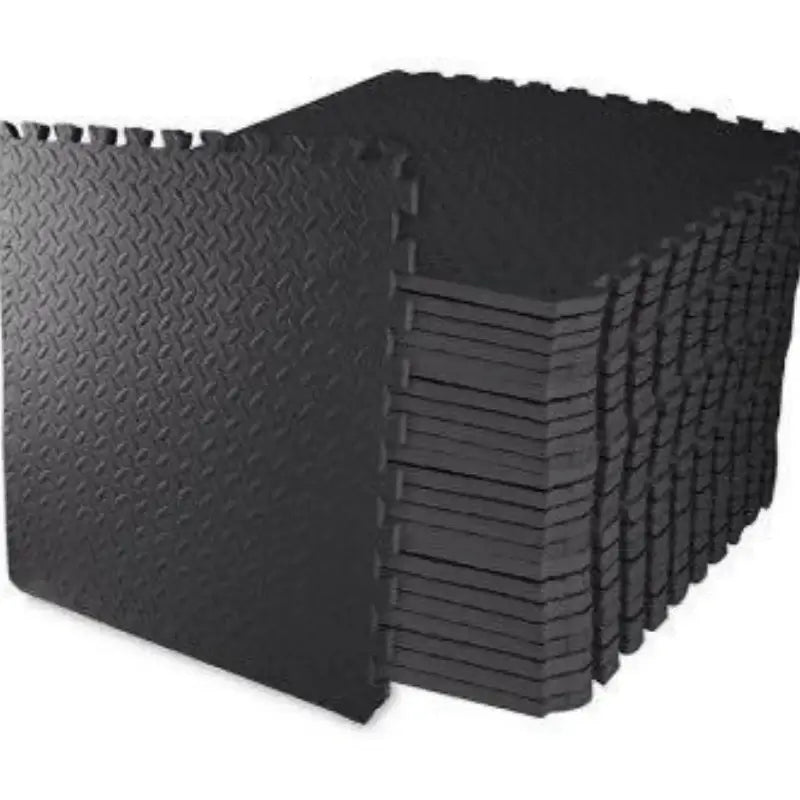 Non-slip EVA gym mat set stacked for home workouts or gym sessions, durable and practical design in black.