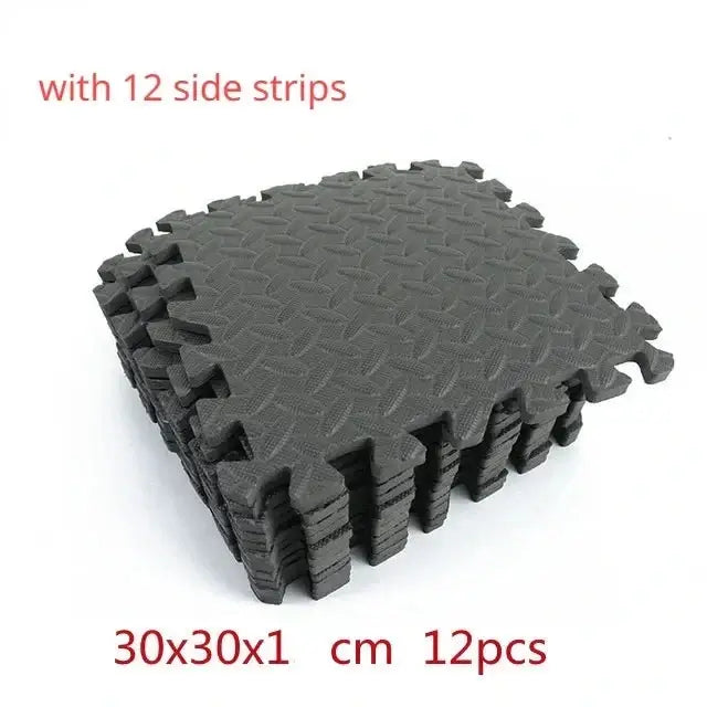 Non-slip EVA gym mat set with 12 side strips, 30x30x1 cm, perfect for home workouts and gym sessions.