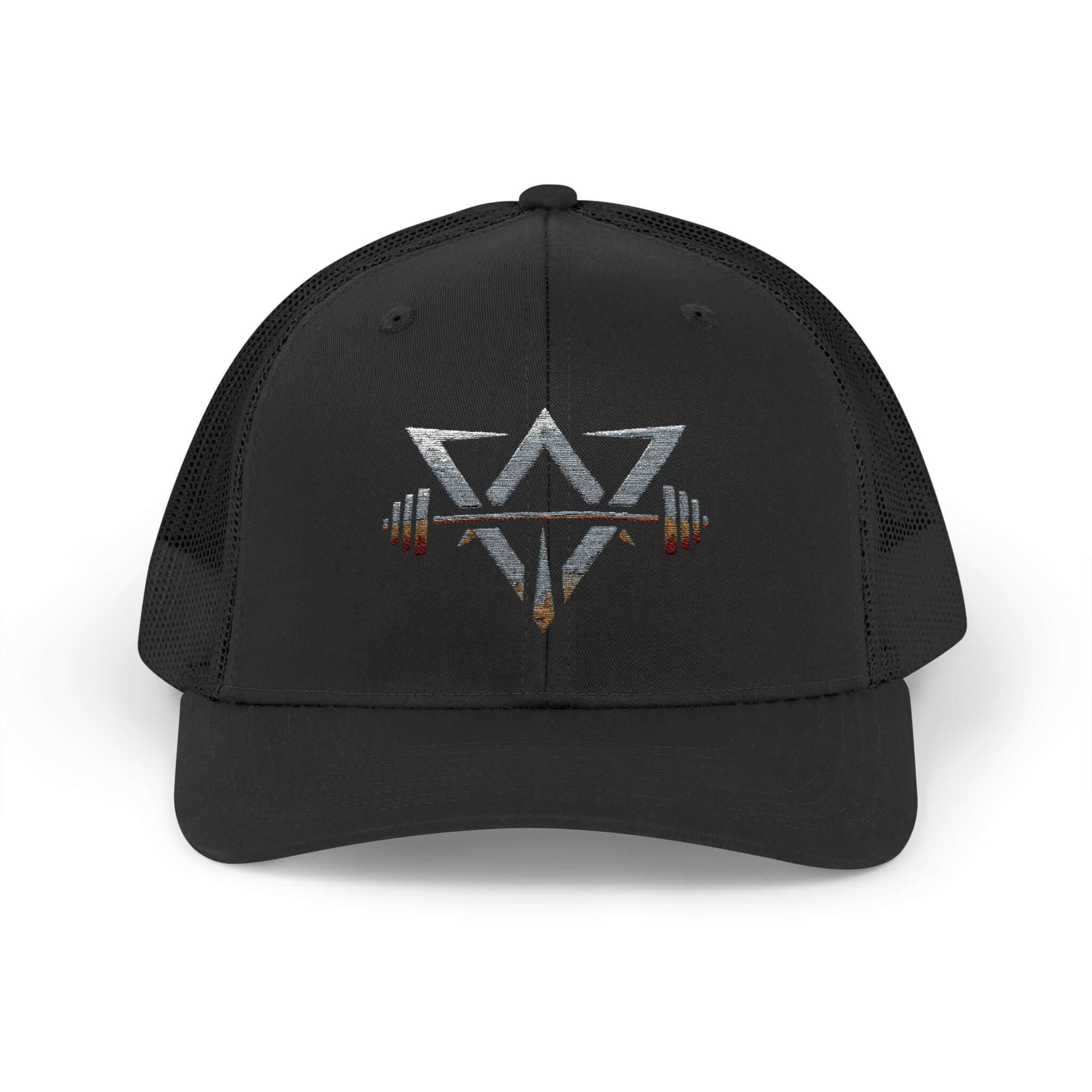Black Qwik-Fit Snapback Trucker Cap, perfect for outdoor workouts, featuring mesh-back design and adjustable fit.