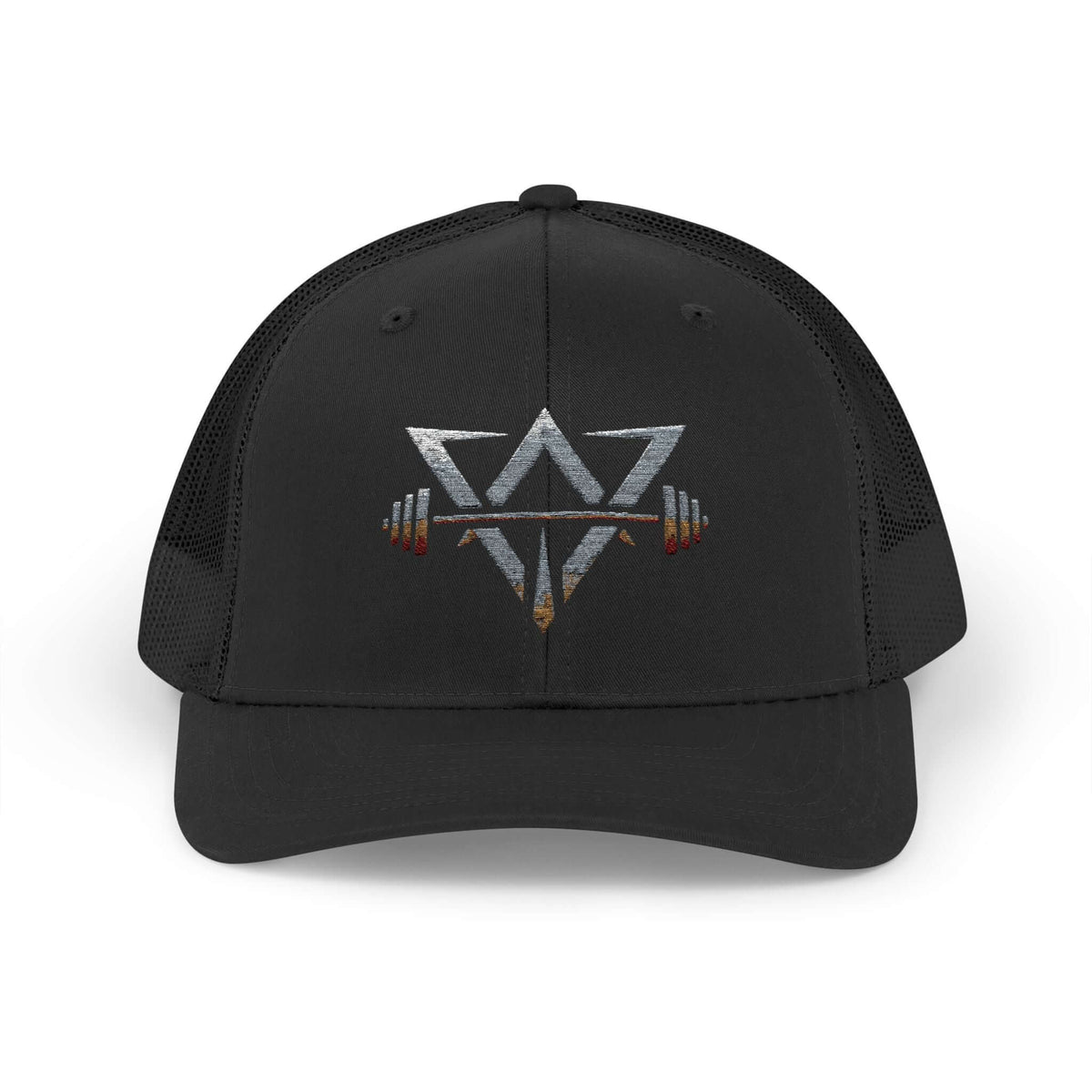 Black Qwik-Fit Snapback Trucker Cap, perfect for outdoor workouts, featuring mesh-back design and adjustable fit.