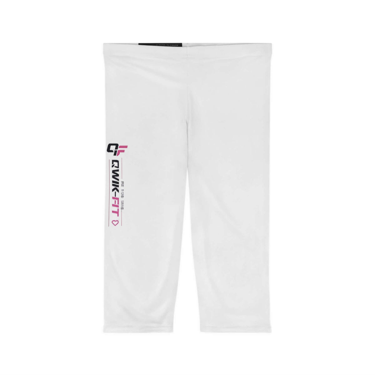Women's white athletic capri leggings with side logo for yoga and gym workouts.