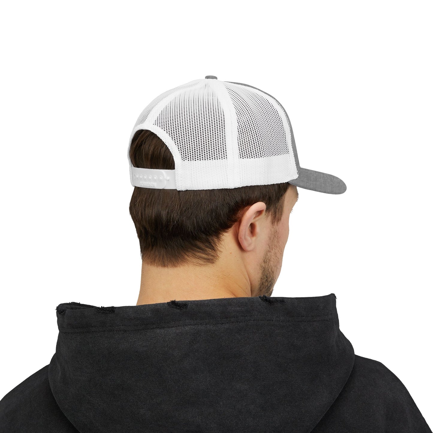 Red and white distressed emblem logo snapback trucker cap by Printify, featuring a classic mesh back and adjustable snap closure.