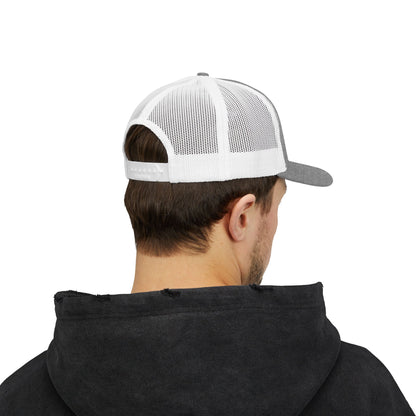 Red and white distressed emblem logo snapback trucker cap by Printify, featuring a classic mesh back and adjustable snap closure.