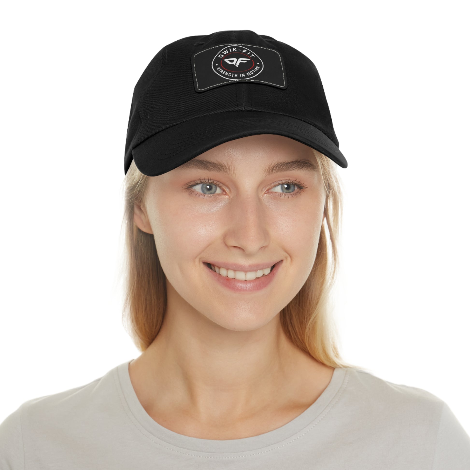 Qwik-Fit Leather Patch Dad Hat by Printify featuring a classic baseball cap style with a leather patch and adjustable strap.