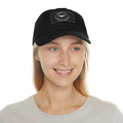 Qwik-Fit Leather Patch Dad Hat by Printify featuring a classic baseball cap style with a leather patch and adjustable strap.