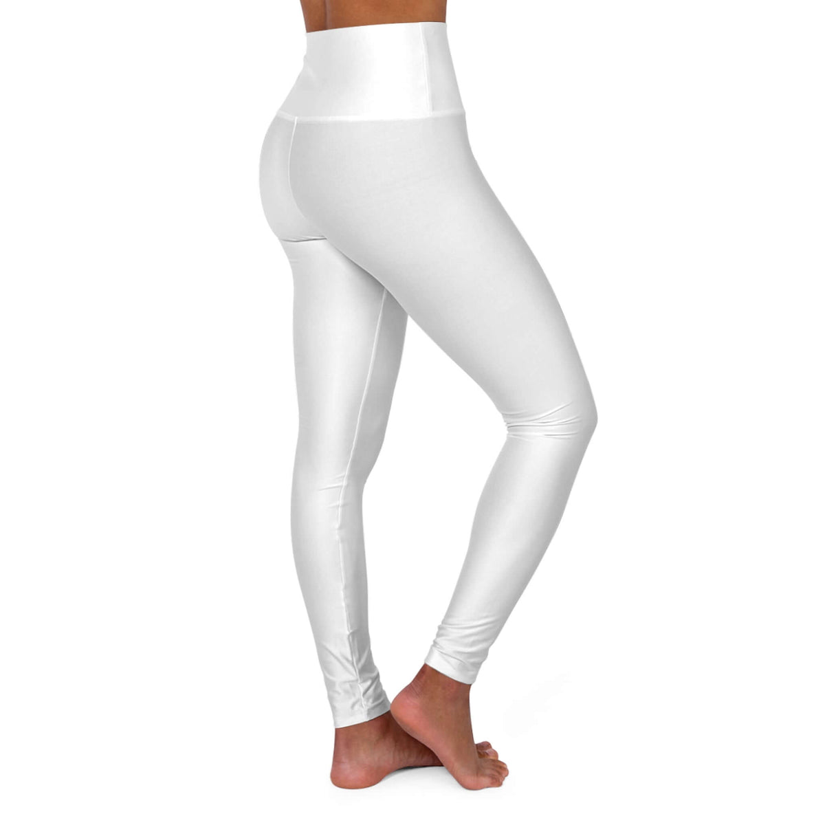 High waisted yoga leggings with retro logo in white, ideal for workout and casual comfort.