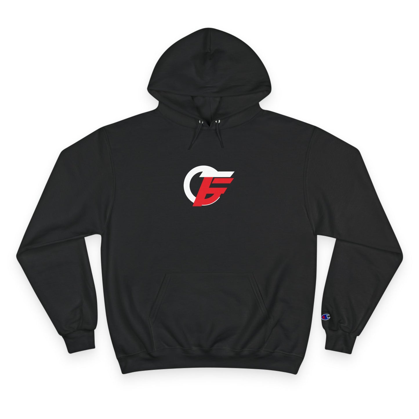 Champion Logo Hoodie — Athletic Black Pullover with Red & White Emblem