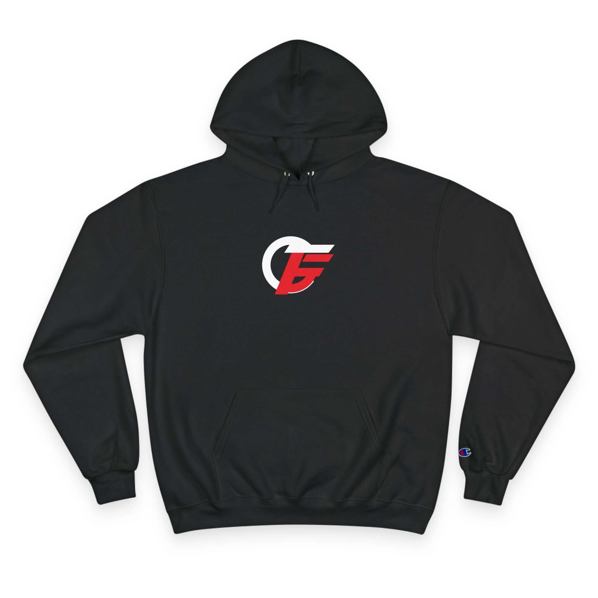athletic black champion hoodie with red and white emblem on a comfortable pullover style.