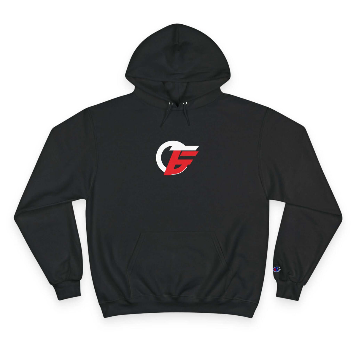 athletic black champion hoodie with red and white emblem on a comfortable pullover style.