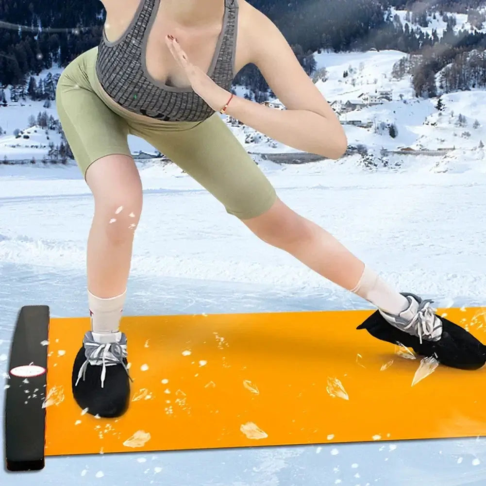Woman exercising on a multifunctioanl exercise running mat for core training in a snowy outdoor setting.