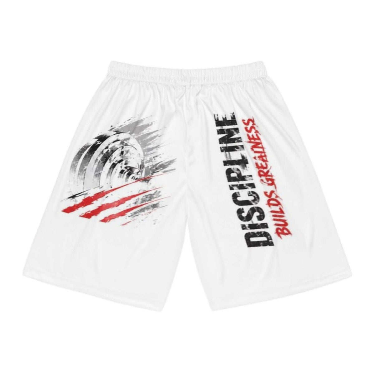 Men's all-over print basketball shorts featuring a bold design with the phrase 'Discipline Builds Greatness'.