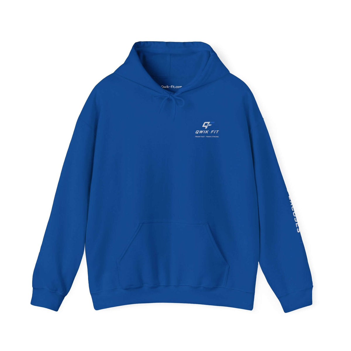 Qwik-Fit fitness hoodie in royal blue with barbell logo, perfect for workouts and casual wear.