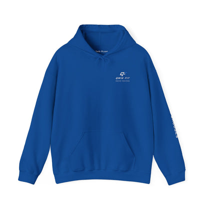 Fitness hoodie by Printify featuring a barbell logo, casual gym pullover with comfortable fit and athletic style.