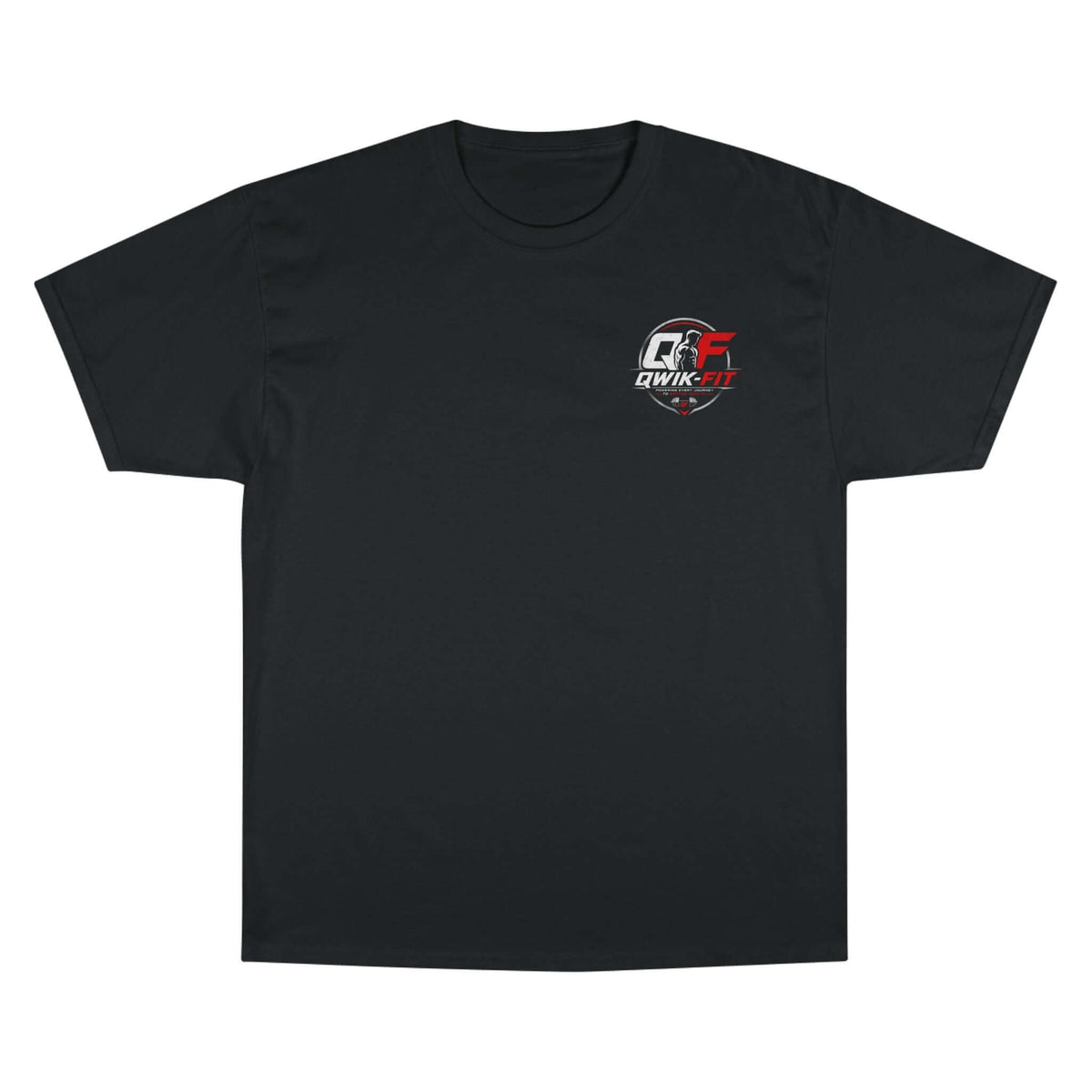 Champion fitness t-shirt in black, featuring Qwik-Fit logo, perfect for workouts and casual wear.