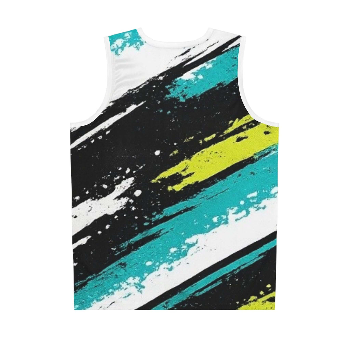 Back view of a moisture-wicking basketball jersey with a colorful paint splash design.