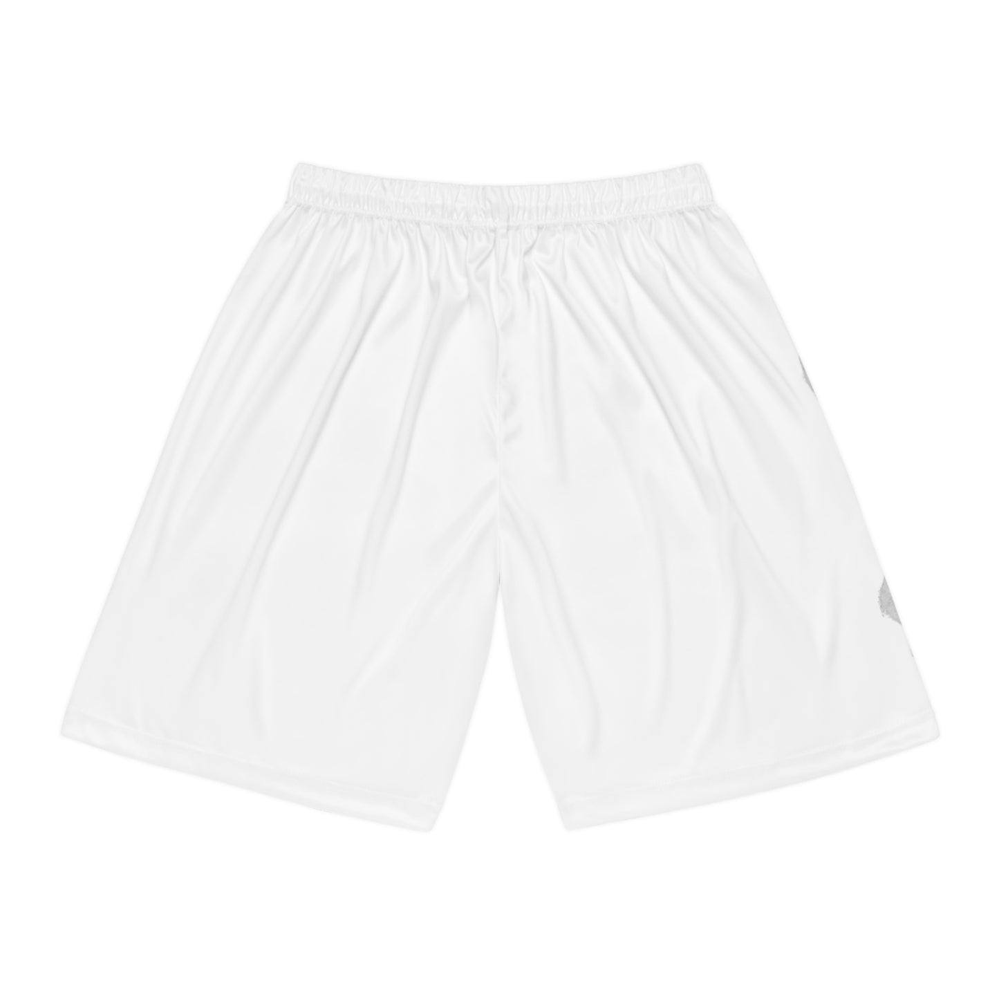 Qwik-Fit custom basketball shorts in white, made of moisture-wicking polyester with elastic waistband and drawstring.