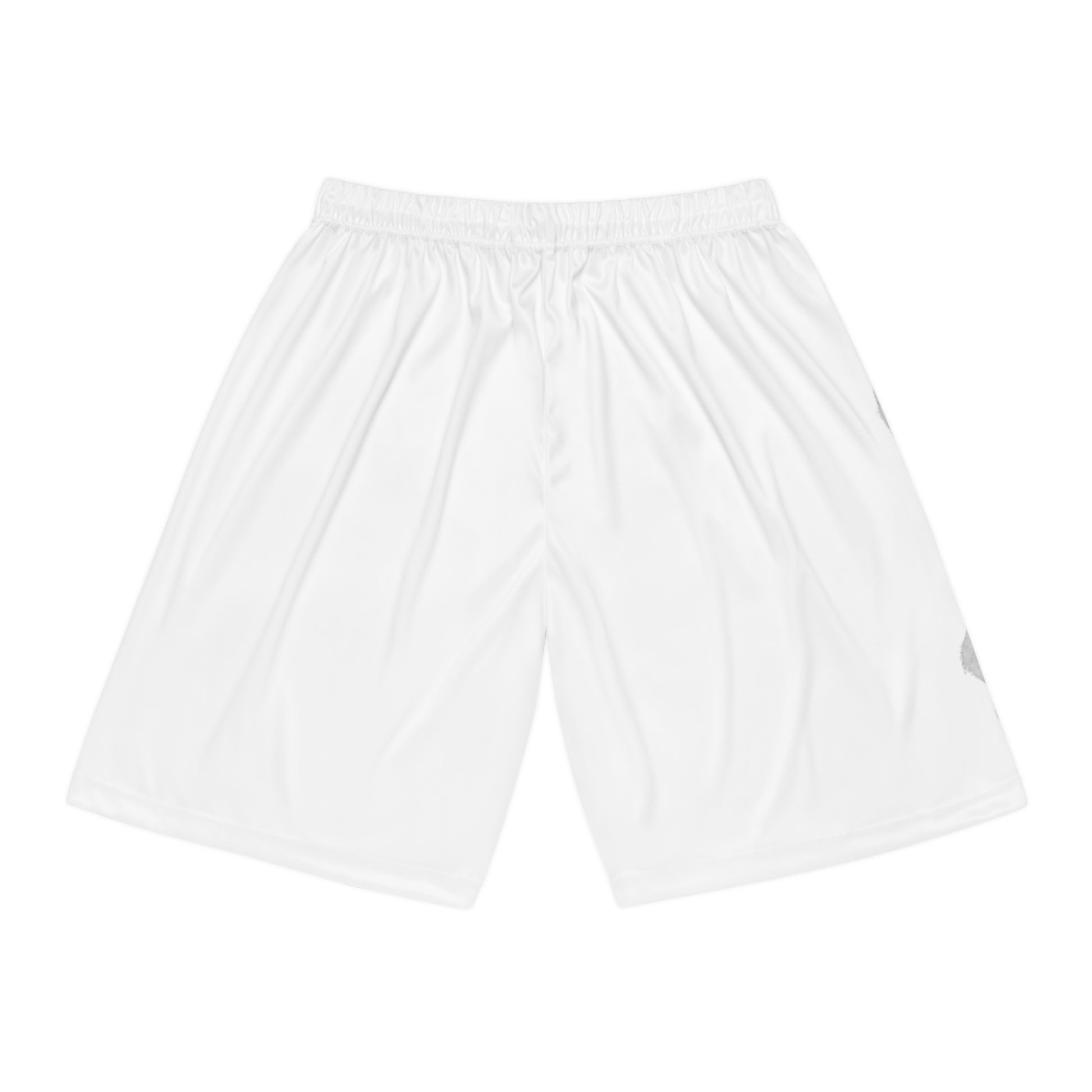 Qwik-Fit custom basketball shorts in white, made of moisture-wicking polyester with elastic waistband and drawstring.