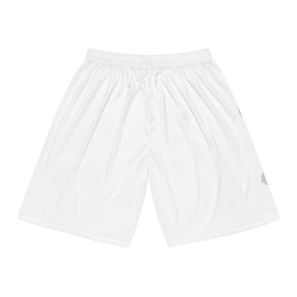 Qwik-Fit custom basketball shorts in white, made of moisture-wicking polyester with elastic waistband and drawstring.