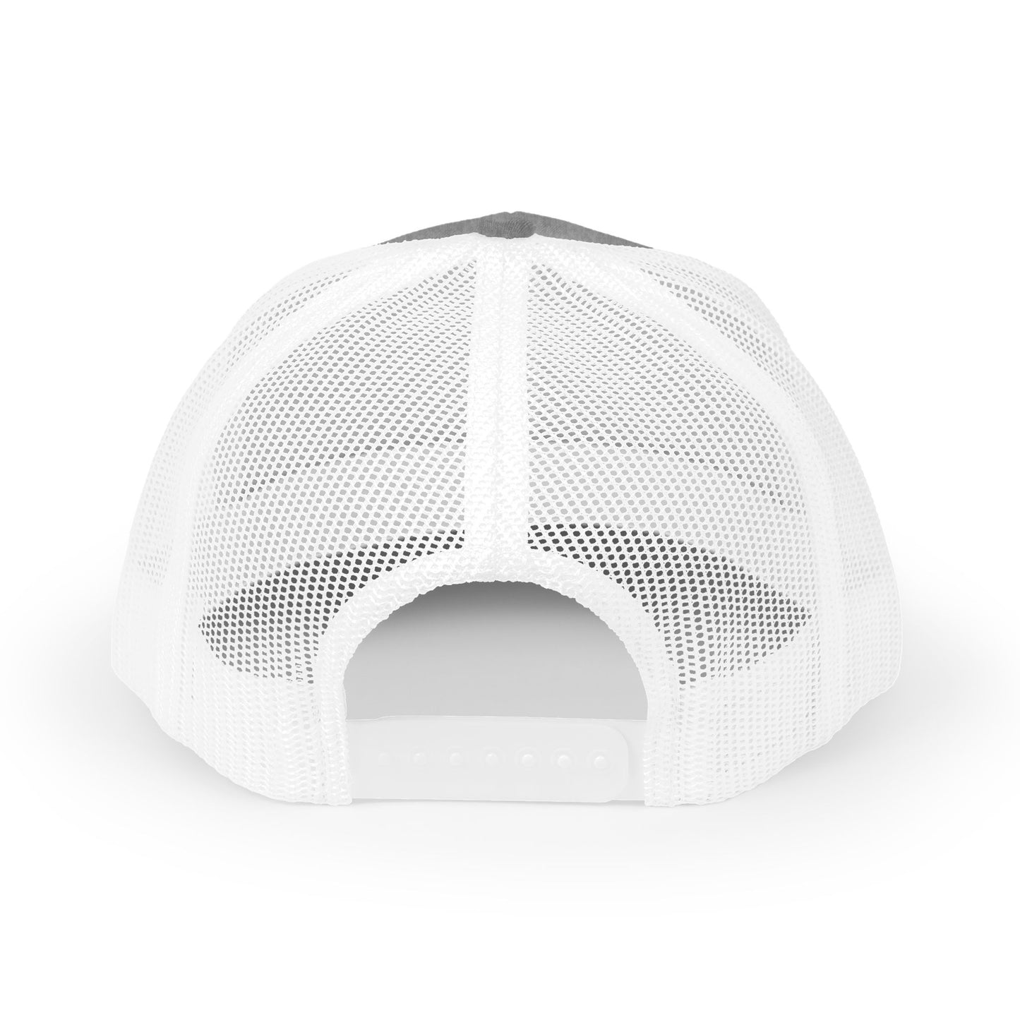 Distressed red and white logo snapback trucker hat by Printify featuring a classic emblem design.