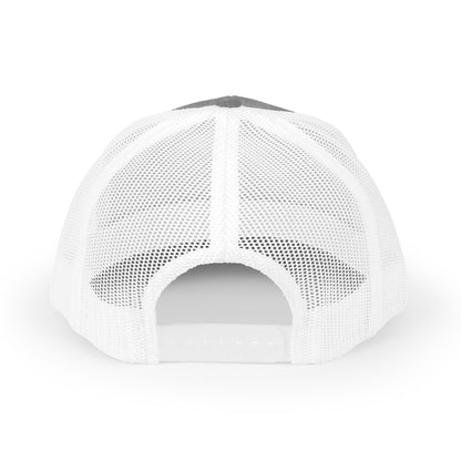 Distressed red and white logo snapback trucker hat by Printify featuring a classic emblem design.