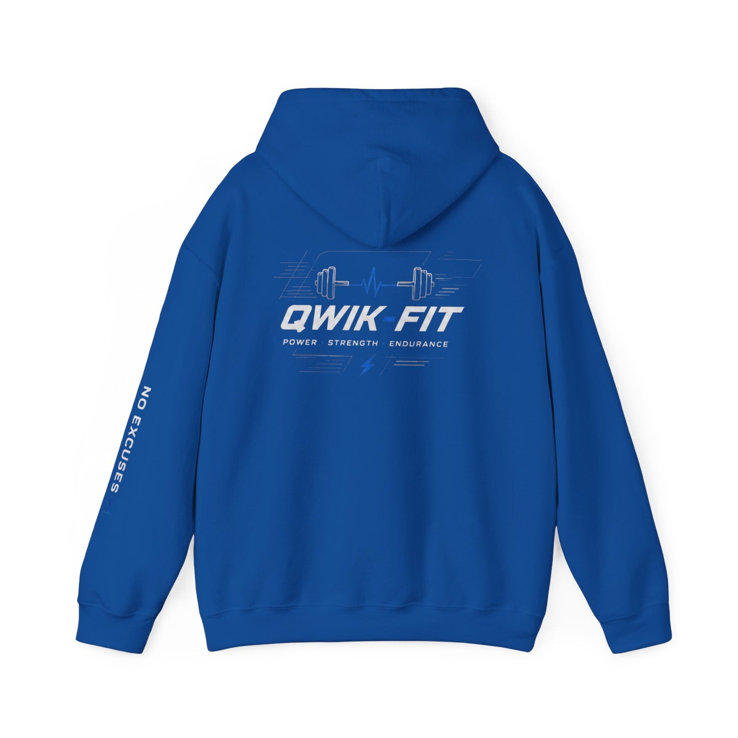 Qwik-Fit Gym hoodie with barbell logo, black fitness pullover made by Printify, featuring a comfortable fit for workout sessions.