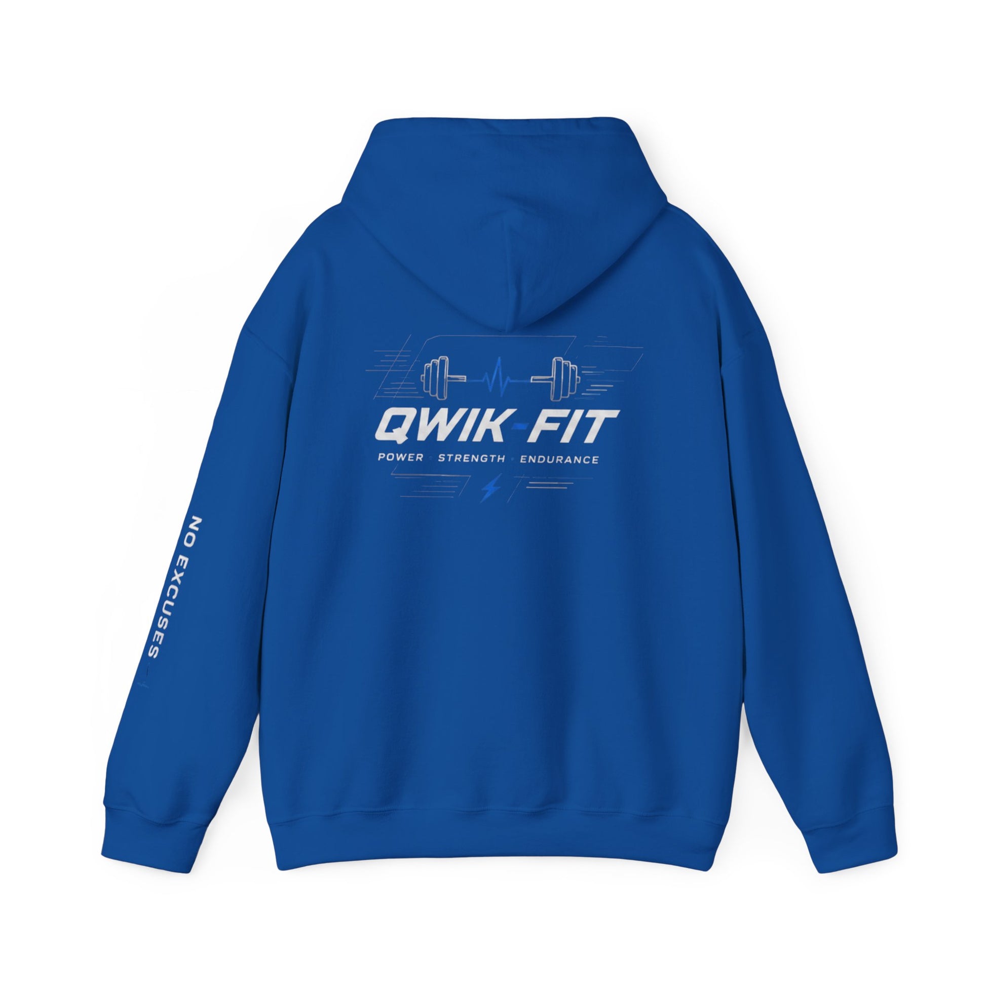 Qwik-Fit Gym hoodie with barbell logo, black fitness pullover made by Printify, featuring a comfortable fit for workout sessions.