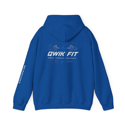 Qwik-Fit Gym hoodie with barbell logo, black fitness pullover made by Printify, featuring a comfortable fit for workout sessions.