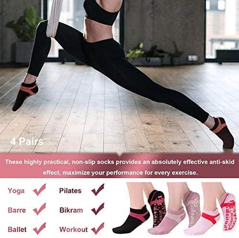 Muezna women's non-slip yoga socks with grips, ideal for pilates, barre, and hospital use, size 5-10, in black with grip dots.