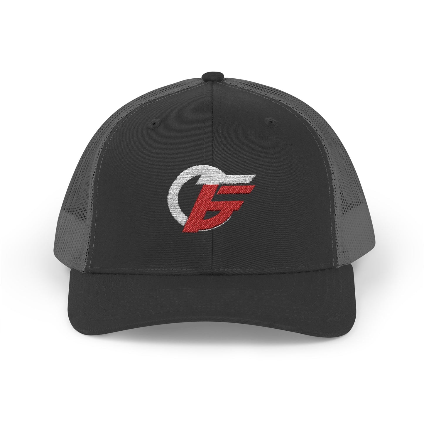 Distressed red and white logo snapback trucker hat by Printify with front emblem and adjustable snap closure.