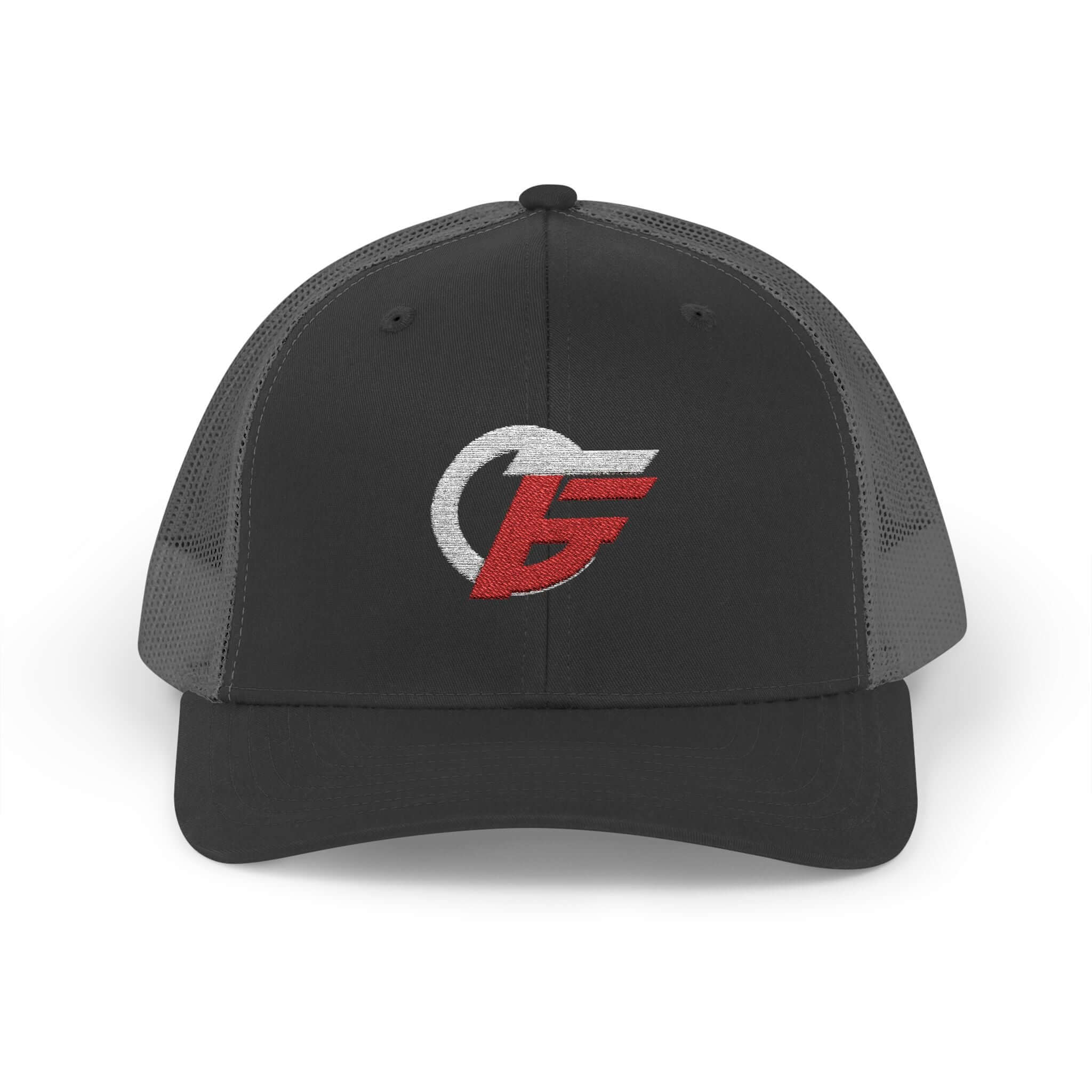 Emblem Trucker Cap in black and charcoal featuring a distressed red and white logo snapback design.