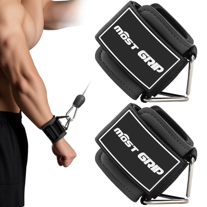 Fitness Essentials MOST GRIP wrist cuffs with D-ring, neoprene padding, and wrist straps for weightlifting and cable machine exercises.